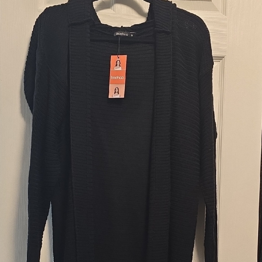 Boohoo - Black Ribbed Open-Front Longline Cardigan with Hood